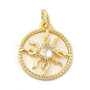 Rack Plating Brass & Cubic Zirconia Pendants, with Plastic Findings & Jump Ring, Lead Free & Cadmium Free, Long Lasting Real 18K Gold Plated, Flat Round with Sun Pattern Charm, Clear, 20x17x5mm, Hole: 4mm(KK-G459-02G-01)