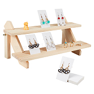 1Set Rectangle Shape Pine Wooden 2 Tier Stair Style Earring Display Stand, with 30Pcs Paper Earring Display Card, Earring Ring Jewelry Organizer Holder Racks for Business Home Using, BurlyWood, Card: 80x50mm, Stand: 23x39x16cm(DIY-NB0008-57)