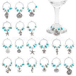 18Pcs 18 Styles 316 Surgical Stainless Steel Wine Glass Charms, with Glass Beads, Synthetic Turquoise Beads and Tibetan Style Alloy Pendants, Antique Silver & Stainless Steel Color, 45~55mm, 1pc/style(AJEW-FG00002)