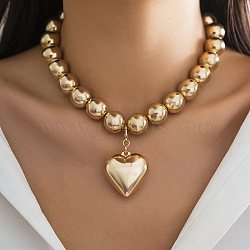 CCB Plastic Heart Pendant Round Beaded Necklaces for Women, Golden, 13.78 inch(35cm)(FS-WG1351C-03)