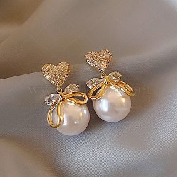 Valentine's Day Heart with Bowknot Alloy Rhinestone Dangle Stud Earrings, with Plastic Imitation Pearl Beads, Golden, 31x15mm(EJEW-F408-02G)