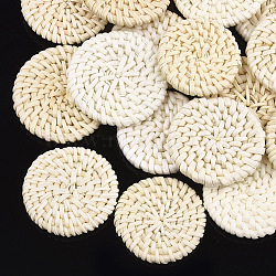 Handmade Reed Cane/Rattan Woven Beads, For Making Straw Earrings and Necklaces, No Hole/Undrilled, Flat Round, Lemon Chiffon, 40~43x6mm(WOVE-T005-11B)