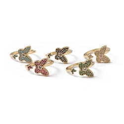 Rack Plating Brass Micro Pave Cubic Zirconia Rings, Long-Lasting Plated, Cadmium Free & Lead Free, Real 18K Gold Plated, Butterfly Cuff Ring for Women, Mixed Color, 2mm, Inner Diameter: 16mm(RJEW-C039-02G)
