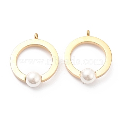 304 Stainless Steel Pendants, with Plastic Imitation Pearl Beads, Ring, Golden, 37.5x30.5x10mm, Hole: 3mm(STAS-G244-40G)