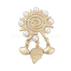 Conch Alloy Brooches for Backpack Clothes, with Plastic Pearl, Golden, 56.5x33.5mm(PALLOY-D361-15G)