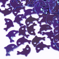 Ornament Accessories, PVC Plastic Paillette/Sequins Charms, Dolphin, Purple, 7.5~8x5x0.3mm, Hole: 0.9mm, about 20000pcs/500g(PVC-T003-02A)