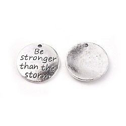 Tibetan Style Alloy Quote Pendants, Flat Round with Word, Antique Silver, 23x2.5mm, Hole: 1.8mm(PALLOY-CJ0001-03AS)