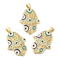 Brass Pave Cubic Zirconia  Pendants, with Enamel and Jump Ring, Long-Lasting Plated, Lead Free & Cadmium Free, Hamsa Hand, Real 18K Gold Plated, 30x21x2.5mm, Hole: 4x3mm(KK-Z028-19G)