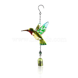 Glass Wind Chime, Art Pendant Decoration, with Iron Findings, for Garden, Window Decoration, Bird, Olive Drab, 370x175mm(WG65554-02)
