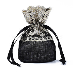 Polyester Lace & Slub Yarn Drawstring Gift Bags, for Jewelry & Baby Showers Packaging Wedding Favor Bag, Black, 14~15x10~11x0.3cm(OP-Q053-014)