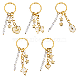 5Pcs Star Bowknot Alloy Enamel & ABS Plastic Imitation Pearl Charm Keychain, with Iron Rings, Golden, Mixed Color, 70~76mm(KEYC-FH00082)