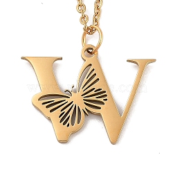 PVD Vacuum Plating 201 Stainless Steel Necklaces, Letter W, 12.09 inch(30.7cm) pendant: about 17x22.5mm.(NJEW-R267-01W-G)