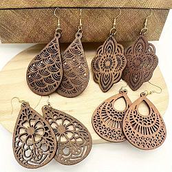 4 Pairs Wood Dangle Earrings, Teardrop & Flower, Platinum, Camel, 90x42mm(FS-WGCC0C4-01)