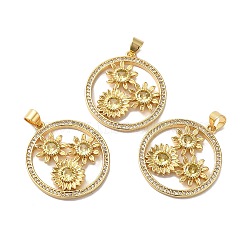 Rack Plating Brass Pave Cubic Zirconia Pendants, Lead Free & Cadmium Free, Real 18K Gold Plated, Long-Lasting Plated, Flat Round with Flower Pattern Charm, Light Goldenrod Yellow, 26.5x24x2.5mm, Hole: 4x3.5mm(KK-O142-54G)