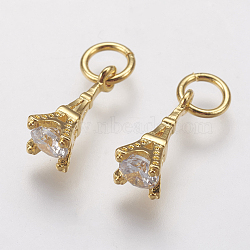 Brass Micro Pave Cubic Zirconia Charms, Eiffel Tower, Golden, 11x4.5mm, Hole: 3mm(ZIRC-G133-04G)