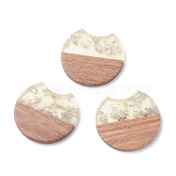 (Defective Closeout Sale: Some Scratched Surface) Transparent Resin & Walnut Wood Pendants, with Silver Foil, Gap Flat Round Charm, BurlyWood, 34x36x3mm, Hole: 2mm(RESI-XCP0001-80)