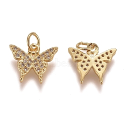 Brass Micro Pave Clear Cubic Zirconia Charms, with Jump Rings, Butterfly, Golden, 11x12.5x2.5mm, Hole: 3mm(ZIRC-G153-24G)