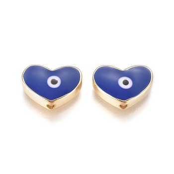 Golden Tone Brass Beads, with Enamel, Heart with Evil Eye, Midnight Blue, 11x15x4.5mm, Hole: 1.6mm