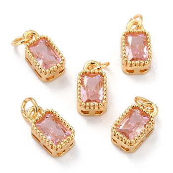 Real 18K Gold Plated Brass Inlaid Cubic Zirconia Charms, with Jump Ring, Long-Lasting Plated, Rectangle, Pink, 9.5x5x3.5mm, Jump Ring: 4x0.5mm, 2.5mm Inner Diameter