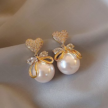 Valentine's Day Heart with Bowknot Alloy Rhinestone Dangle Stud Earrings, with Plastic Imitation Pearl Beads, Golden, 31x15mm