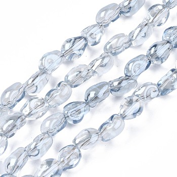 Electroplate Transparent Glass Beads Strands, Snake, Light Blue, 8.5~9.5x7x6mm, Hole: 1mm, about 100pcs/strand, 33.86inch~34.65 inch(86~88cm)