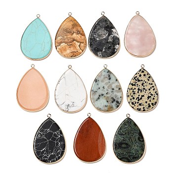 Natural & Synthetic Mixed Gemstone Big Pendants, Teardrop Charms with Golden Plated Brass Frame, 54.5~55x35.5x3mm, Hole: 2mm