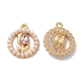 Rack Plating Alloy Glass Pandants, Nickel Free, with ABS Plastic Imitation Pearl, Flat Round with Flower Charms, Golden, Lavender Blush, 20.5x17.5x4mm, Hole: 2mm