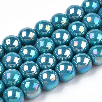 Electroplate Opaque Glass Beads Strands, AB Color Plated, Round, Steel Blue, 8~8.5mm, Hole: 1.5mm, about 51~53pcs/strand, 14.96 inch~15.55 inch(38~39.7cm)