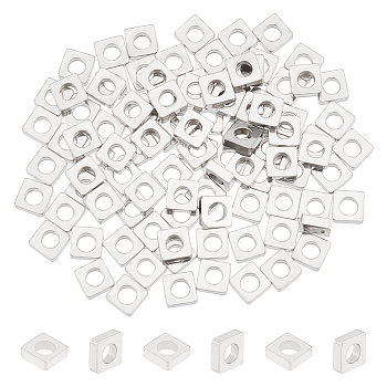 100Pcs 304 Stainless Steel Beads, Square, Stainless Steel Color, 4x4x1mm, Hole: 2mm