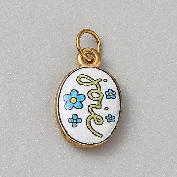 Printed 304 Stainless Steel Pendants, Real 18K Gold Plated, Oval with Flower, 18.5x12x4mm, Hole: 4.5mm