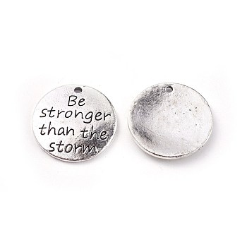 Tibetan Style Alloy Quote Pendants, Flat Round with Word, Antique Silver, 23x2.5mm, Hole: 1.8mm