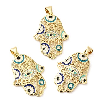 Brass Pave Cubic Zirconia  Pendants, with Enamel and Jump Ring, Long-Lasting Plated, Lead Free & Cadmium Free, Hamsa Hand, Real 18K Gold Plated, 30x21x2.5mm, Hole: 4x3mm