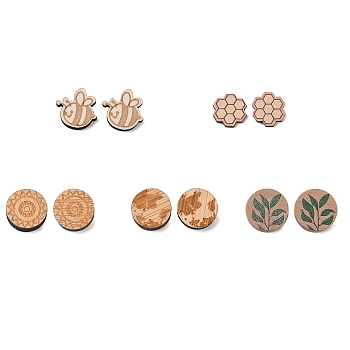 Natural Wood Stud Earrings, with Stainless Steel Stud Earring Findings and Ear Nuts, Flat Round with Pattern, Bisque, 12~17x4mm, Pin: 0.6~0.7mm, 5 patterns, 1pair/pattern, 5pairs/box