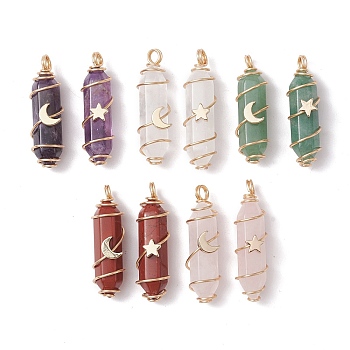 Natural Mixed Gemstone Copper Wire Wrapped Pendants, Faceted Bullet Charms with Light Gold Tone Star & Moon Brass Beads, 36~37.5x10~10.5x11~12mm, Hole: 3.5~4mm, 2pcs/set