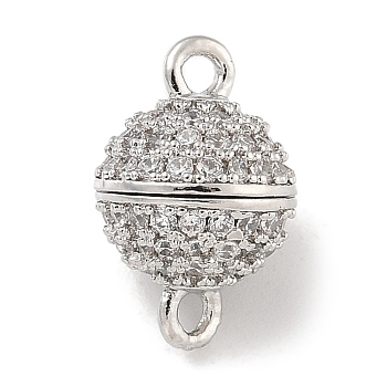 Brass Micro Pave Clear Cubic Zirconia Magnetic Clasps, Round, Platinum, 13x8x8mm, Hole: 1.4mm