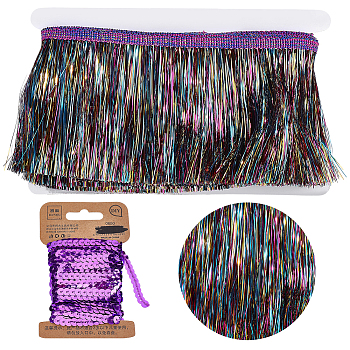 5M Polyester Tinsel Tassel Trimming, Tinsel Fringe, for DIY Craft Sewing Accessories, with 1Roll Sparkle PET Paillette Lace Ribbon, Mixed Color, 4 inch(100mm)