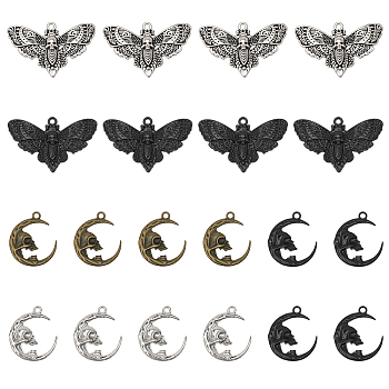 20Pcs 5 Style Alloy Pendants Sets, Moth & Moon with Skull, Mixed Color, 26~27x23.5~43x1.5~4mm, Hole: 1.6~2.3mm, 4pcs/style