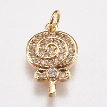 Brass Micro Pave Cubic Zirconia Charms, Lollipop, Golden, 15x10x2mm, Hole: 2mm