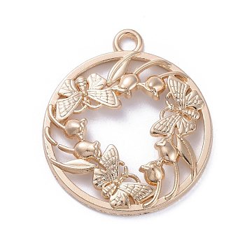 Zinc Alloy Open Back Bezel Pendants, For DIY UV Resin, Epoxy Resin, Pressed Flower Jewelry, Flat Round with Butterfly, Light Gold, 34x30x4mm, Hole: 3mm
