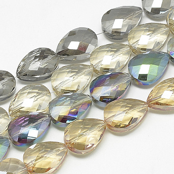 Electroplate Glass Beads Strands, Rainbow Plated, Faceted, teardrop, Mixed Color, 18x12~13x8mm, Hole: 1mm, about 40pcs/28.5 inch