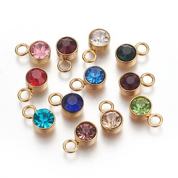 Glass Rhinestone Charms, Birthstone Charms, with Golden Tone 201 Stainless Steel Findings, Flat Round, Mixed Color, 10x6x4mm, Hole: 2.3mm