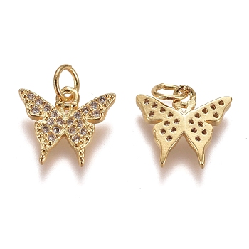 Brass Micro Pave Clear Cubic Zirconia Charms, with Jump Rings, Cadmium Free & Lead Free, Butterfly, Golden, 11x12.5x2.5mm, Hole: 3mm