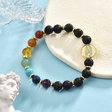 Natural & Synthetic Mixed Gemstone & Brass Virgin Mary Beaded Stretch Bracelet for Women(BJEW-JB09322)-5