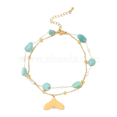 pépites de plage d'été bracelets de cheville multi-brins amazonite naturelle et perles d'imitation(BJEW-P326-06B-G)-2