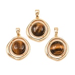 Natural Tiger Eye Pendants, Half Round Charms with Brass Settings, Real 18K Gold Plated, 20x17.5x6mm, Hole: 4.5x2.5mm(KK-H538-22B-G)