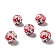 Halloween Spray Painted Wood Beads, Round with Word Help, Red, 15.5~16x14.5~15mm, Hole: 4mm(WOOD-C002-05)
