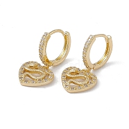 Clear Cubic Zirconia Heart with Snake Dangle Hoop Earrings, Brass Drop Earrings for Women, Real 18K Gold Plated, 27mm, Pin: 0.7mm(KK-E068-VA089-2-1)