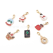 Christmas Themed Alloy Enamel Pendants, with Brass Lobster Claw Clasps, Mixed Shapes, Mixed Color, 36~39mm(HJEW-JM00457)