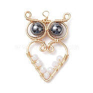 Glass Pendants, with Copper Wire, Owl, White, 31~32x21x6.3mm, Hole: 1.7~2.2mm(PALLOY-JF02718-02)