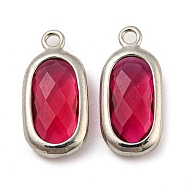 Brass with Cerise Glass Pendants, Faceted Oval Charms, Long-Lasting Plated, Platinum, 16.5x7.8x3mm, Hole: 1.5mm(KK-G486-07P)